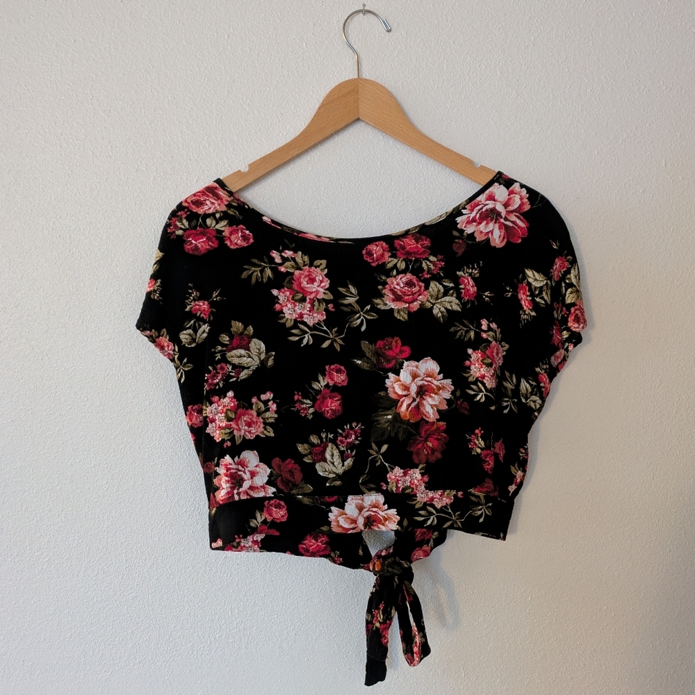 Ambiance Black Floral Tie Back Crop Top